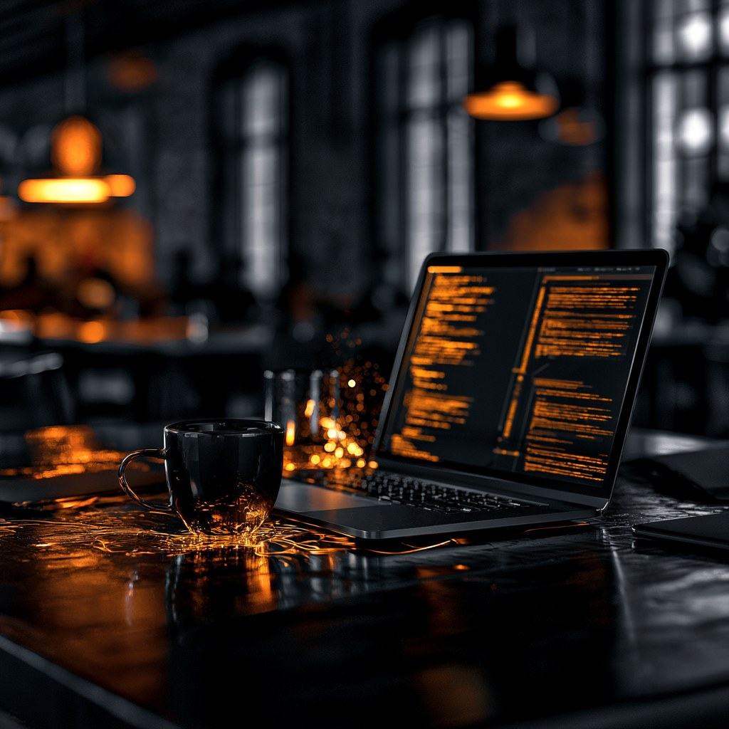 A laptop in a dark workspace showing amber code on screen, beside a coffee cup.
