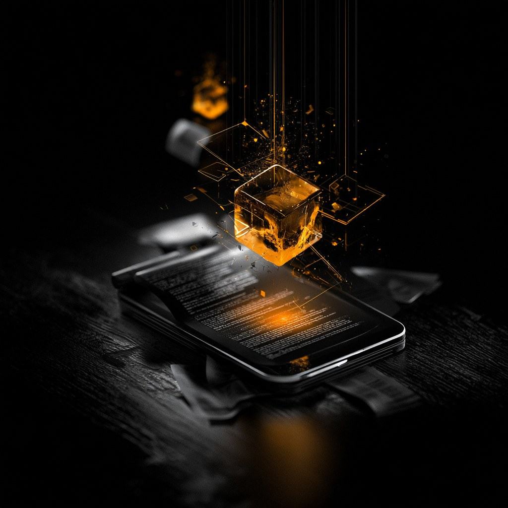 A phone lying on a dark table beside paper documents, with a glowing amber data cube breaking apart above its screen.