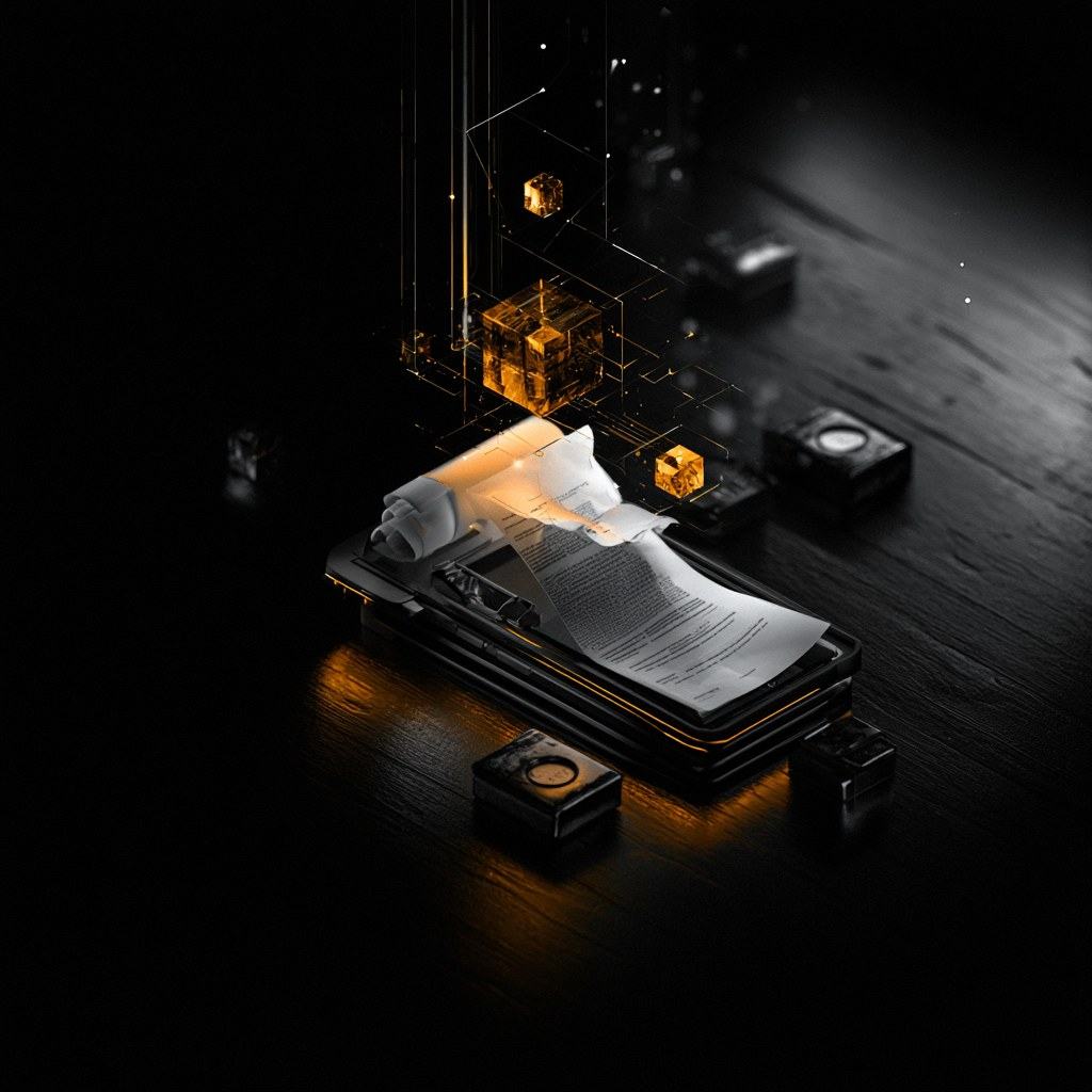 A stack of paper documents on a dark table, dissolving upward into glowing amber blocks of structured data.