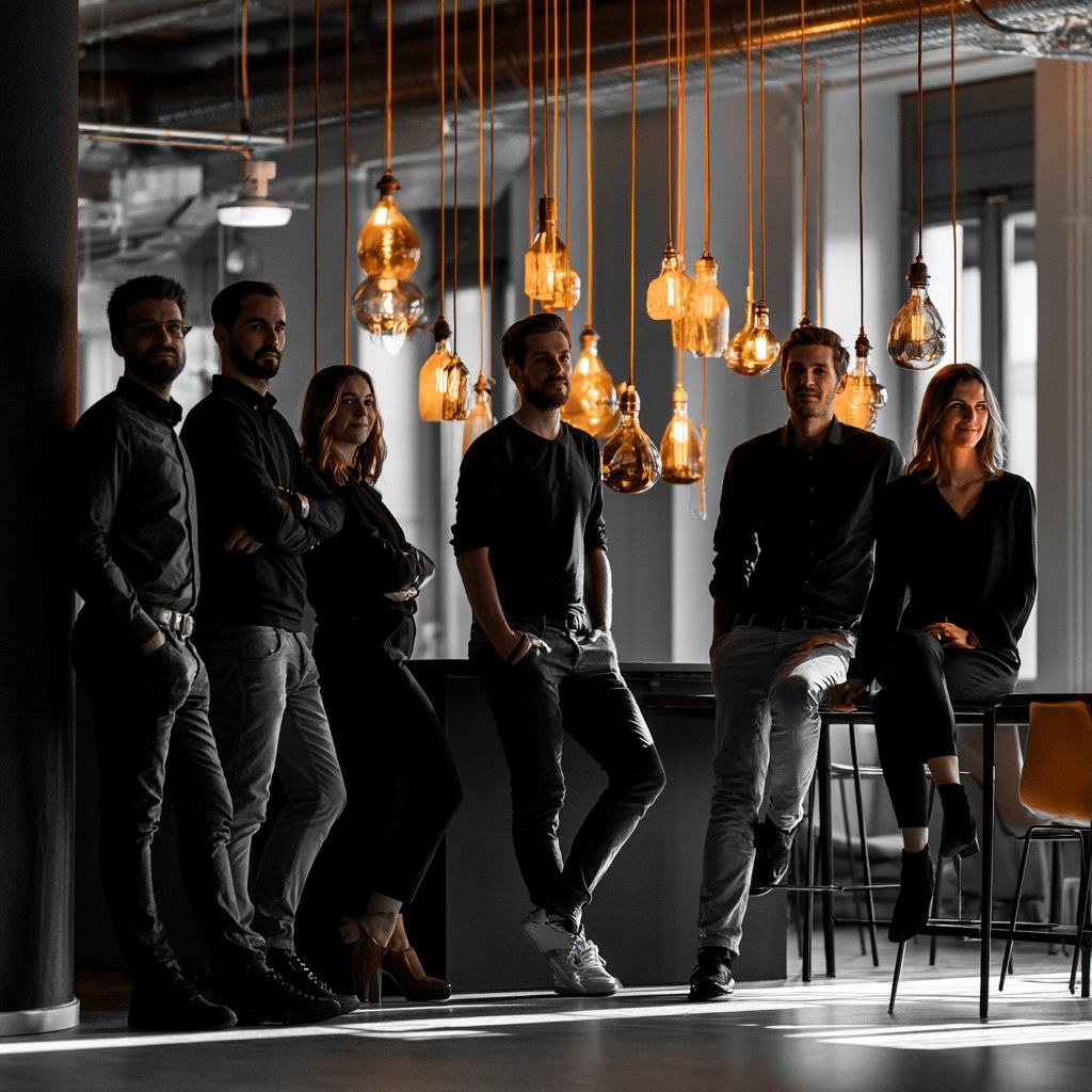 Five people in dark clothing standing together in an industrial office under amber pendant bulbs.