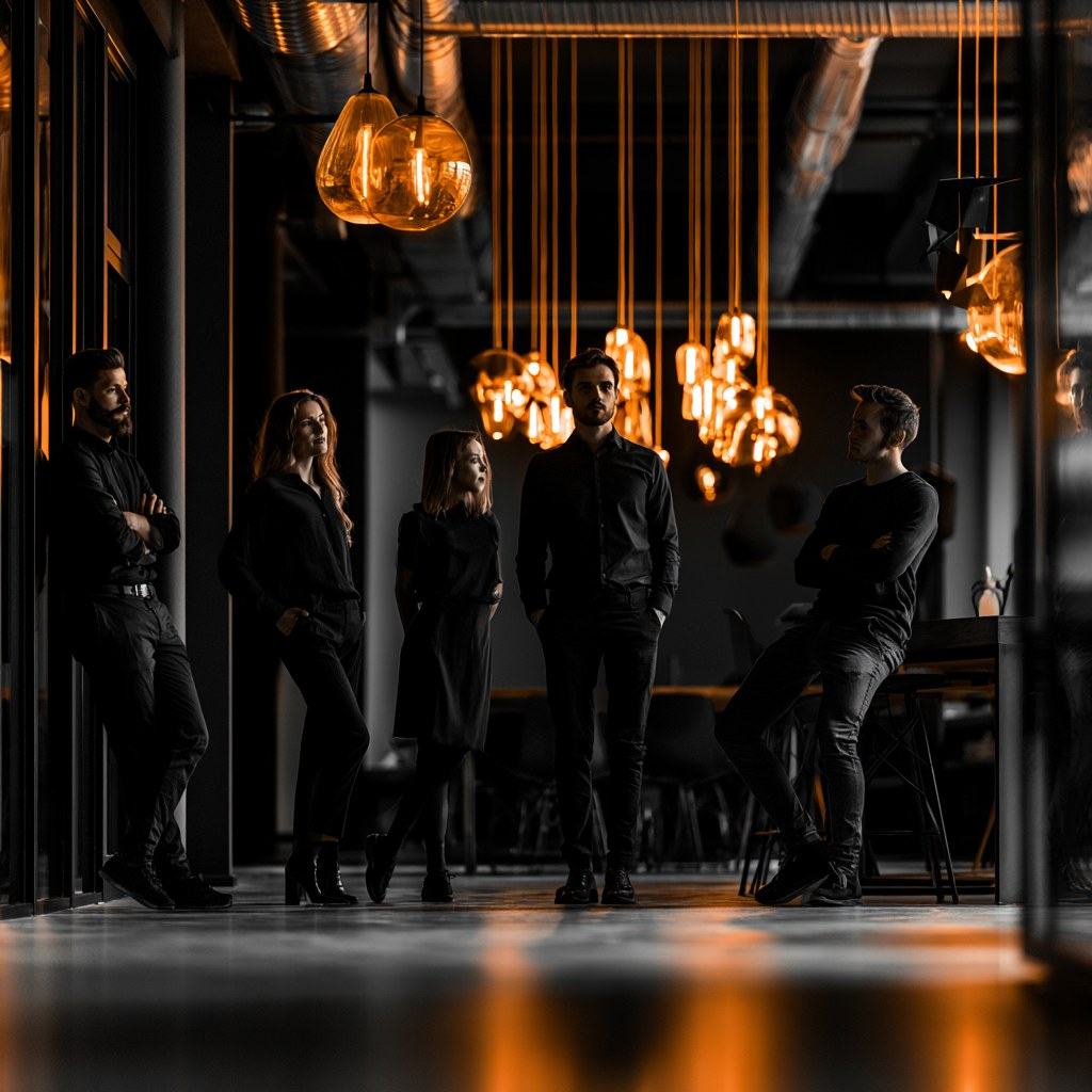A startup team spread across a wide, dark loft office lit by amber pendant bulbs.